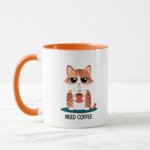 Grumpy Cat "NEED COFFEE" Mug   Cute Tabby Kitten 