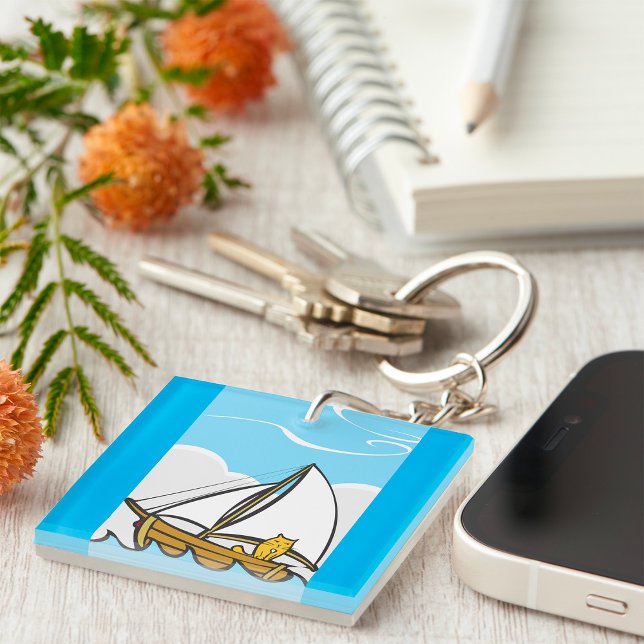 Grumpy Cat on a Sailboat Funny Nautical Cartoon  Keychain (Creator Uploaded)