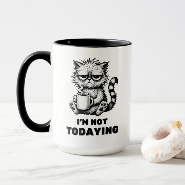 Grumpy Cat with Coffee Funny Lazy Cartoon Style Mug (With Donut)