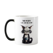 Grumpy cat with cup of coffee