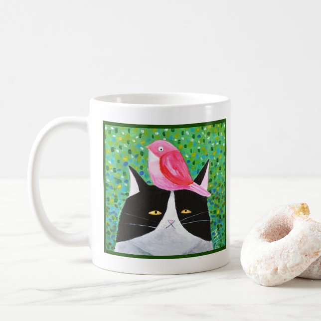 Grumpy Cat with red little bird Funny Cat Lover  Coffee Mug (With Donut)