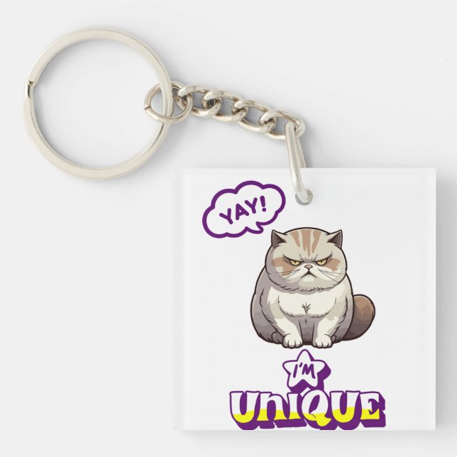 ​Grumpy Cat "YAY! I'm Unique" Funny Fridge Magnet Keychain (Front)