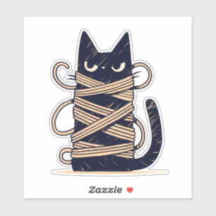 Grumpy Chibi Black Cat Tangled in Yarn