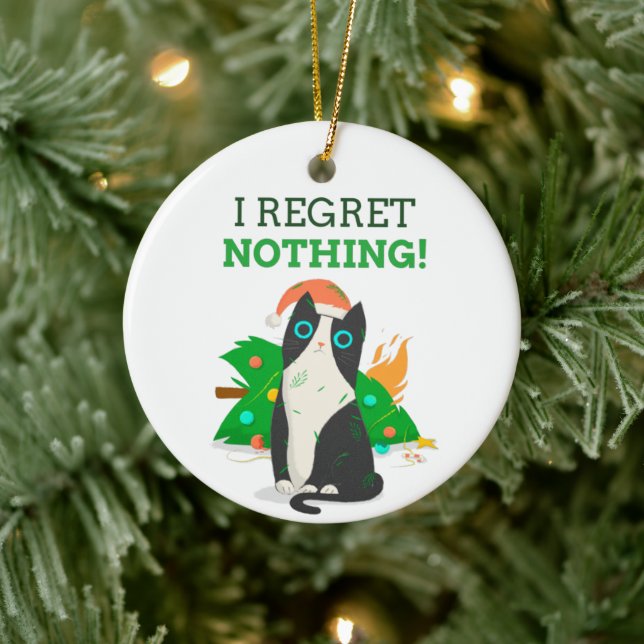 Grumpy Christmas Cat Ceramic Ornament (Tree)