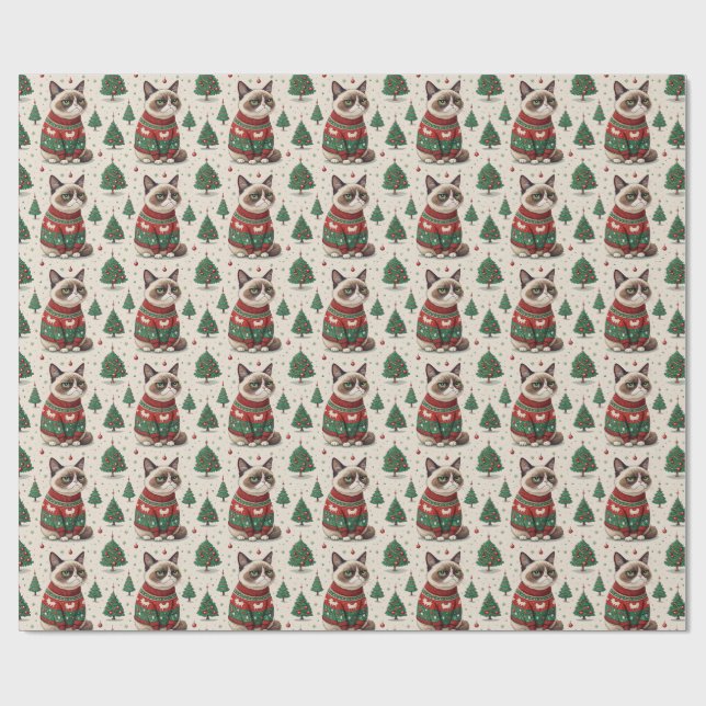 Grumpy Christmas Cat in Ugly Sweater Wrapping Paper (Flat)