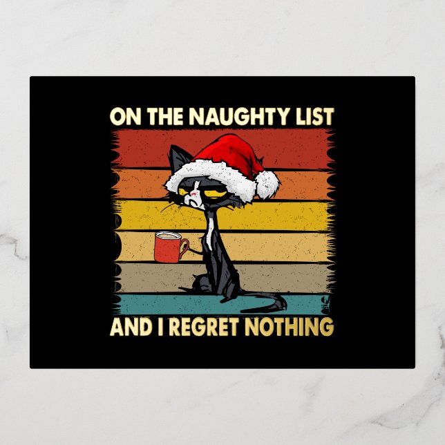 Grumpy Christmas Cat on the Naughty List Gold Foil Holiday Postcard (Front)