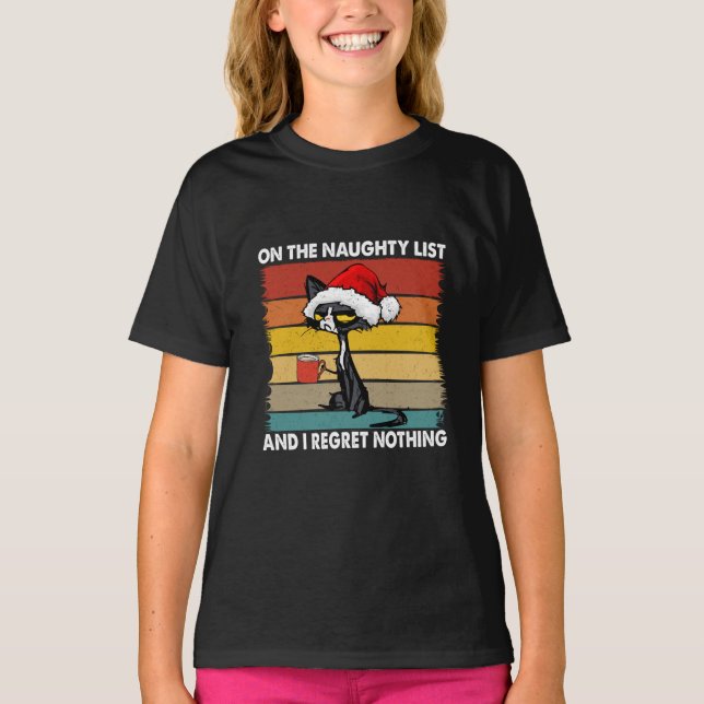 Grumpy Christmas Cat on the Naughty List T-Shirt (Front)