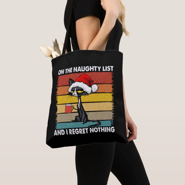 Grumpy Christmas Cat on the Naughty List Tote Bag (Close Up)