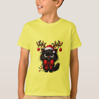 Grumpy Christmas Cat with Santa Hat and Antlers T-Shirt