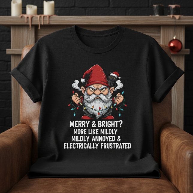 Grumpy Christmas Gnome Tangled Lights Black Cat  T-Shirt (Creator Uploaded)