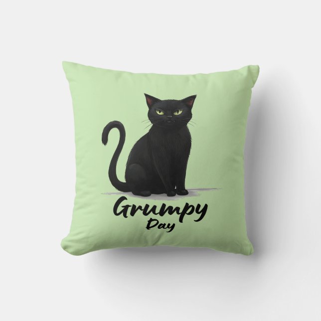 Grumpy Day with Black Cat Throw Pillow (Front)