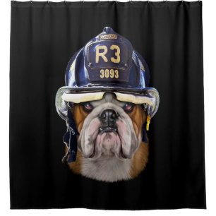 Grumpy English Bulldog Wearing Firefighter Helmet
