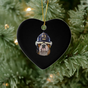 Grumpy English Bulldog Wearing Firefighter Helmet Ceramic Ornament