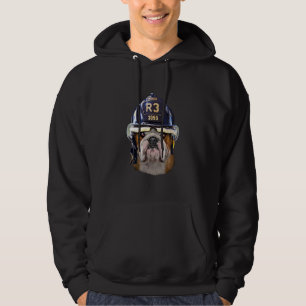 Grumpy English Bulldog Wearing Firefighter Helmet Hoodie