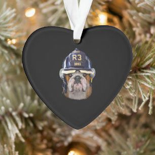 Grumpy English Bulldog Wearing Firefighter Helmet Ornament
