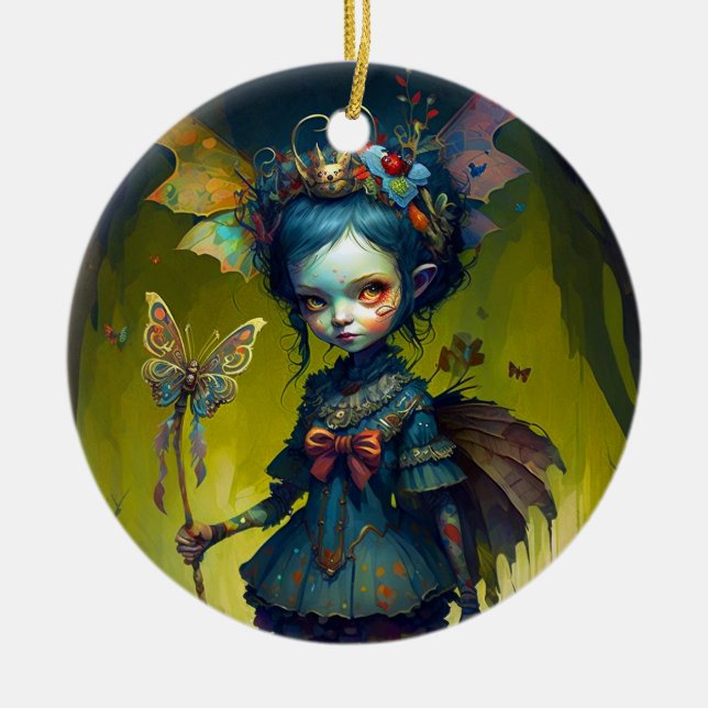 Grumpy Fairy Pixie Fantasy Art Ceramic Ornament (Front)