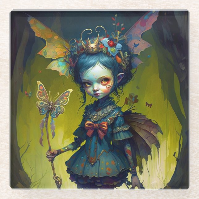Grumpy Fairy Pixie Fantasy Art Glass Coaster (Front)