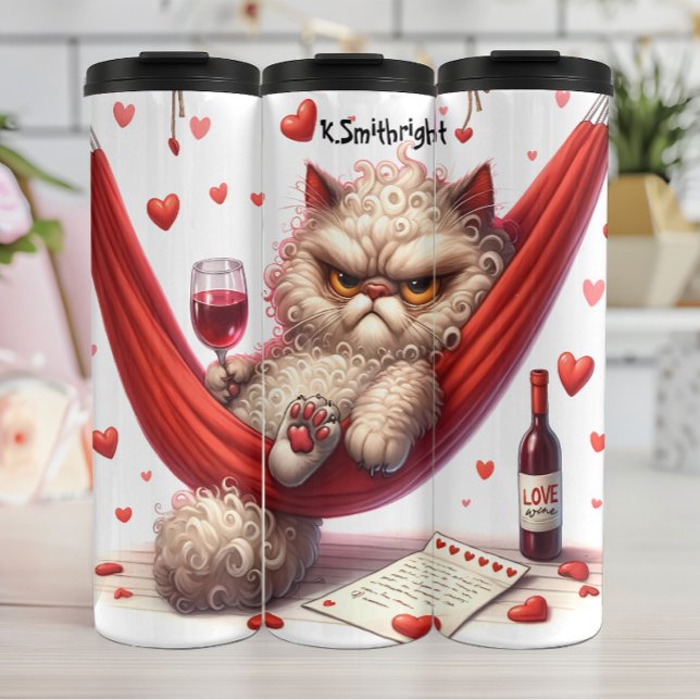 Grumpy Fluffy Cat with Wine Thermal Tumbler (Creator Uploaded)