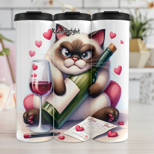 Grumpy Fluffy Cat with Wine Thermal Tumbler (Creator Uploaded)