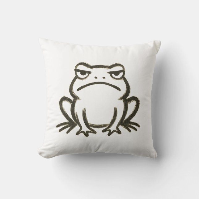 Grumpy Frog – Minimalist Brushstroke Mood on Throw Pillow (Front)