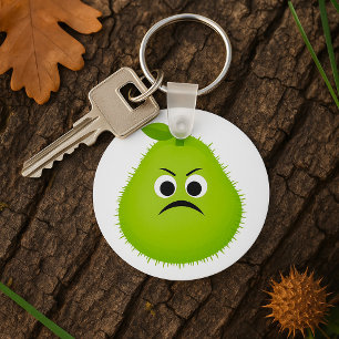 Grumpy Fuzzy Pear Face Funny Fruit Character Keychain