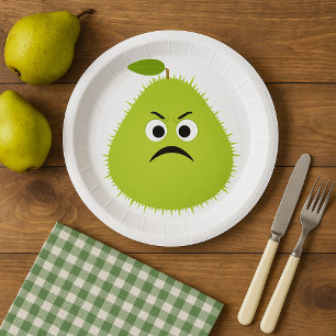 Grumpy Fuzzy Pear Face Funny Fruit Character Paper Plate