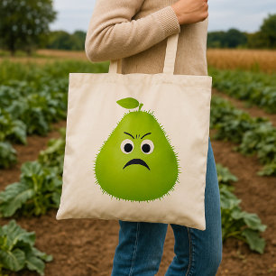 Grumpy Fuzzy Pear Face Funny Fruit Character Tote Bag
