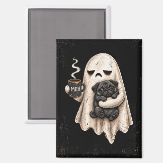Grumpy Ghost Holding Black Pug Dog Meh Halloween Magnet