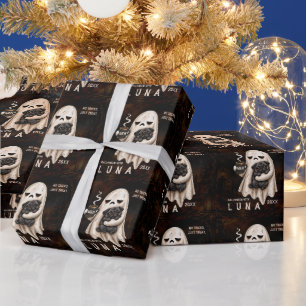 Grumpy Ghost Holding Black Pug Dog Meh Halloween Wrapping Paper