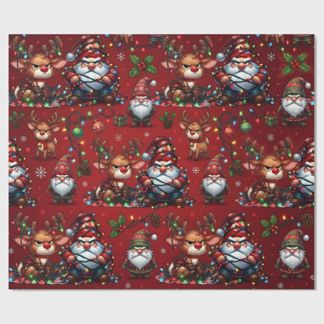 Grumpy Gnomes & Reindeer Tangled Wrapping Paper (Flat)