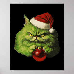 Grumpy Green Santa Cat Retro Cat Christmas Holiday Poster