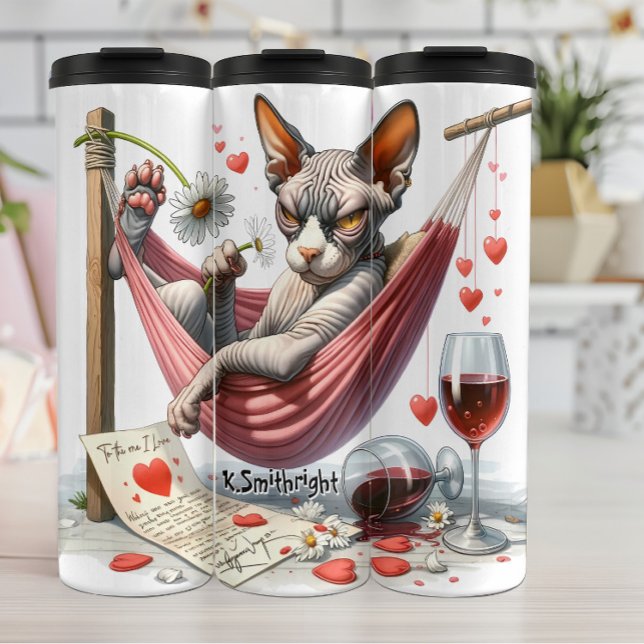 Grumpy Hairless Cat in Hammock Thermal Tumbler (Creator Uploaded)