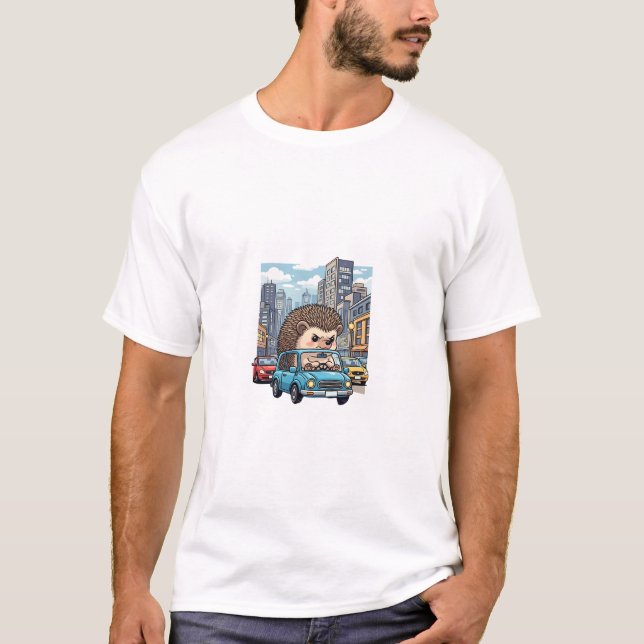 Grumpy Hedgehog Road Rage Driving Blue Car in City T-Shirt (Front)
