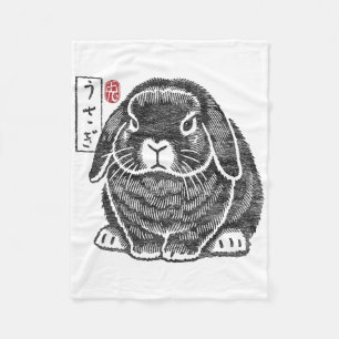 Grumpy Holland Lop Rabbit Kanji Japanese Tradition Fleece Blanket