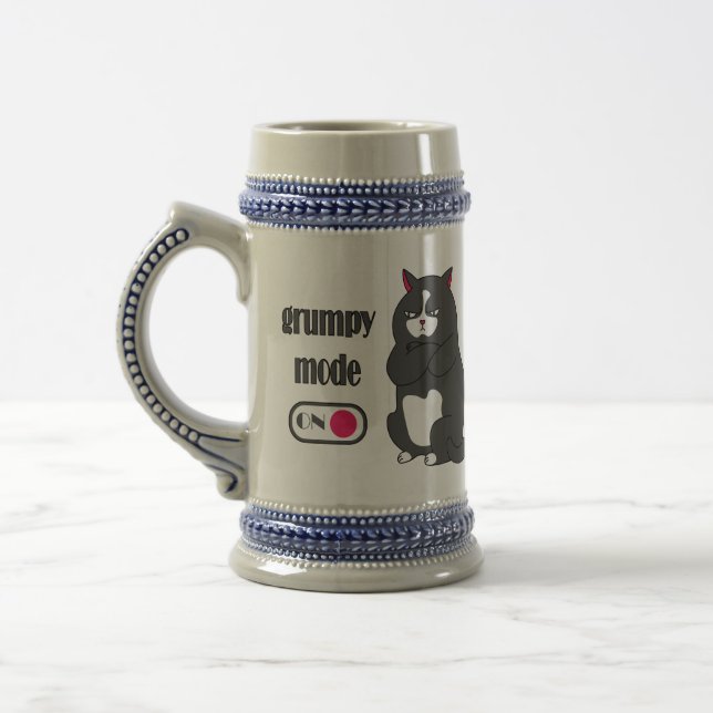 Grumpy mode on funny fat cat beer stein (Left)