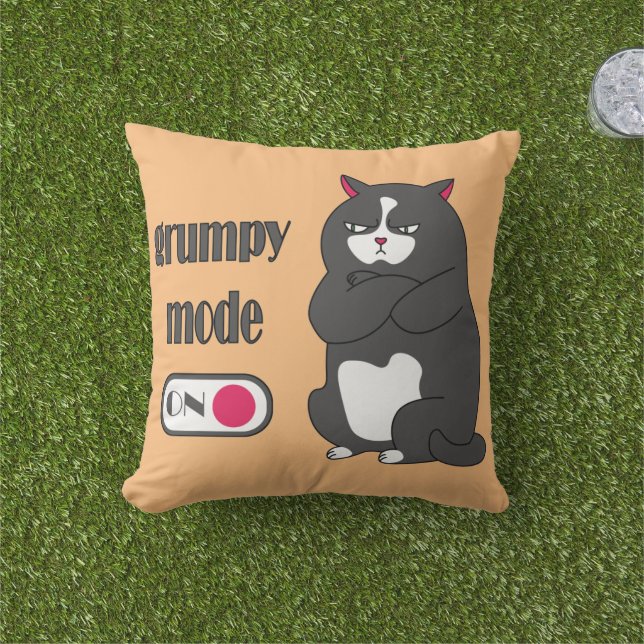 Grumpy mode on funny fat cat outdoor pillow (Grass)