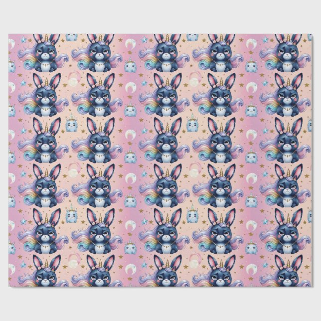 grumpy navy blue unicorn bunny wrapping paper (Flat)