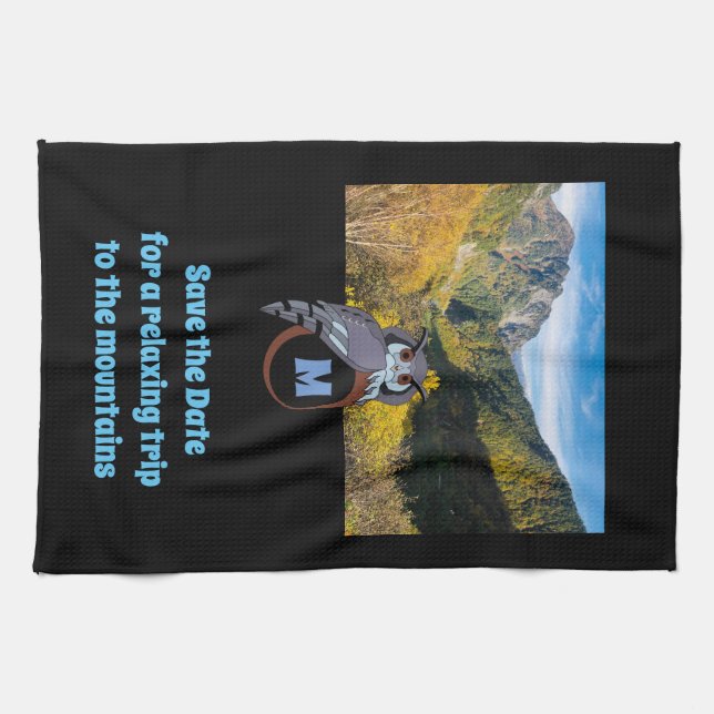 Grumpy Owl Nesting on Monogram Egg Photo Kitchen Towel (Horizontal)