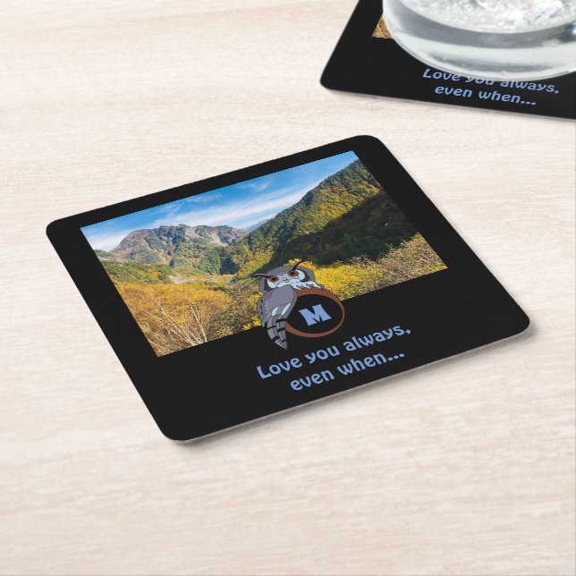 Grumpy Owl Nesting on Monogram Egg Photo Square Paper Coaster (Angled)