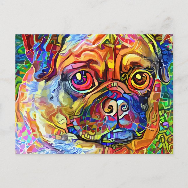 Grumpy Pug Dog Impressionist Pet Portrait  Postcard (Front)