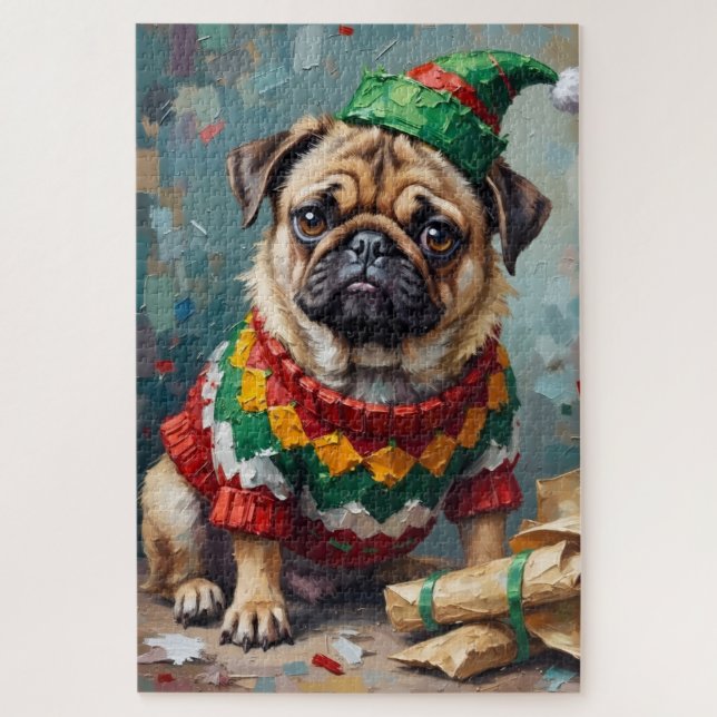 Grumpy Pug Dog in Elf Hat Funny Christmas Art Jigsaw Puzzle (Vertical)