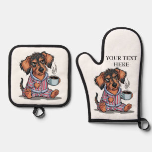 Grumpy Puppy before coffee Personalize Name Text Oven Mitt & Pot Holder Set