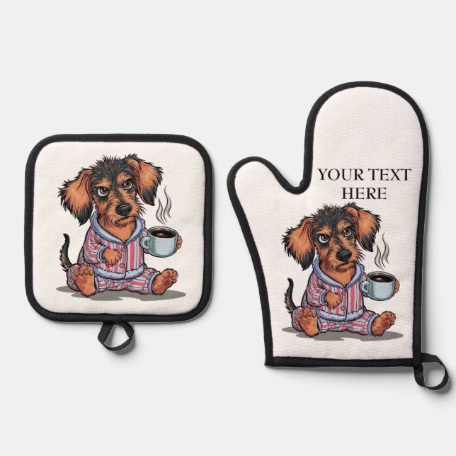 Grumpy Puppy before coffee Personalize Name Text Oven Mitt & Pot Holder Set (Front)