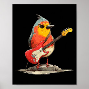 Grumpy Robin Bird with Electric Guitar for Feather Poster