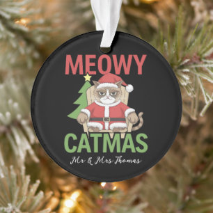 Grumpy Santa Cat Holiday Illustration Funny Meowy  Ornament