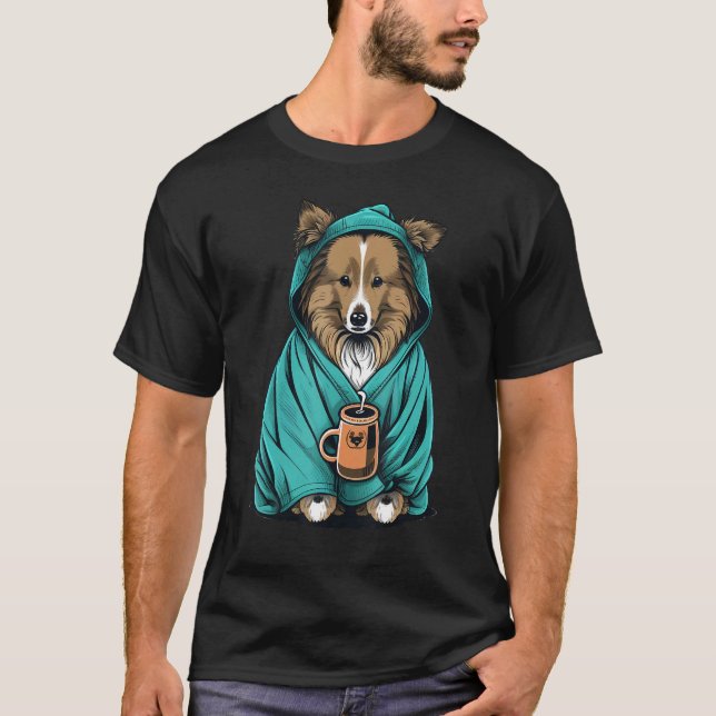 Grumpy Sheltie Coffee  Dog on Coffee Shetland Shee T-Shirt (Front)