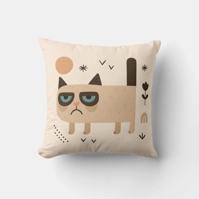 Grumpy & Smiley Cat – Playful Scandinavian Nursery Throw Pillow (Front)