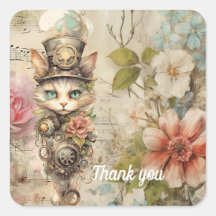 Grumpy Steampunk Cat Collage Vintage Paper Roses