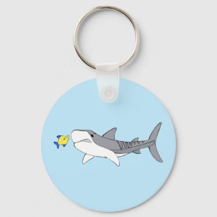 Grumpy tiger shark and cute yellow fish keychain