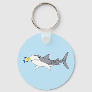 Grumpy tiger shark and cute yellow fish keychain